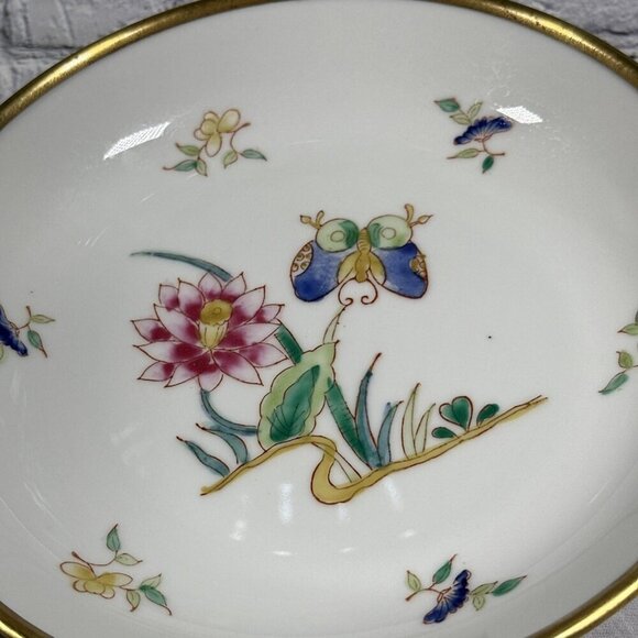 Vintage White Pink Butterfly Porcelain Brass Style Metal Trinket Bowl Hong Kong - Picture 3 of 14